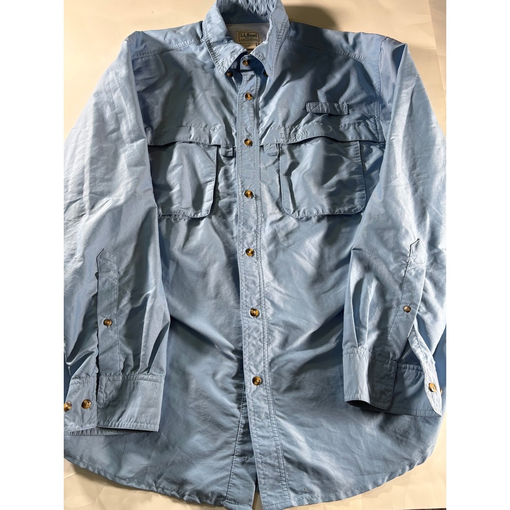 LL Bean Fishing Shirt Mens Medium Blue Vented Outdoor Button Up Nylon Hiking
